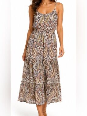 O'Neill Paisley Tiered Maxi Dress in Brown and Cream